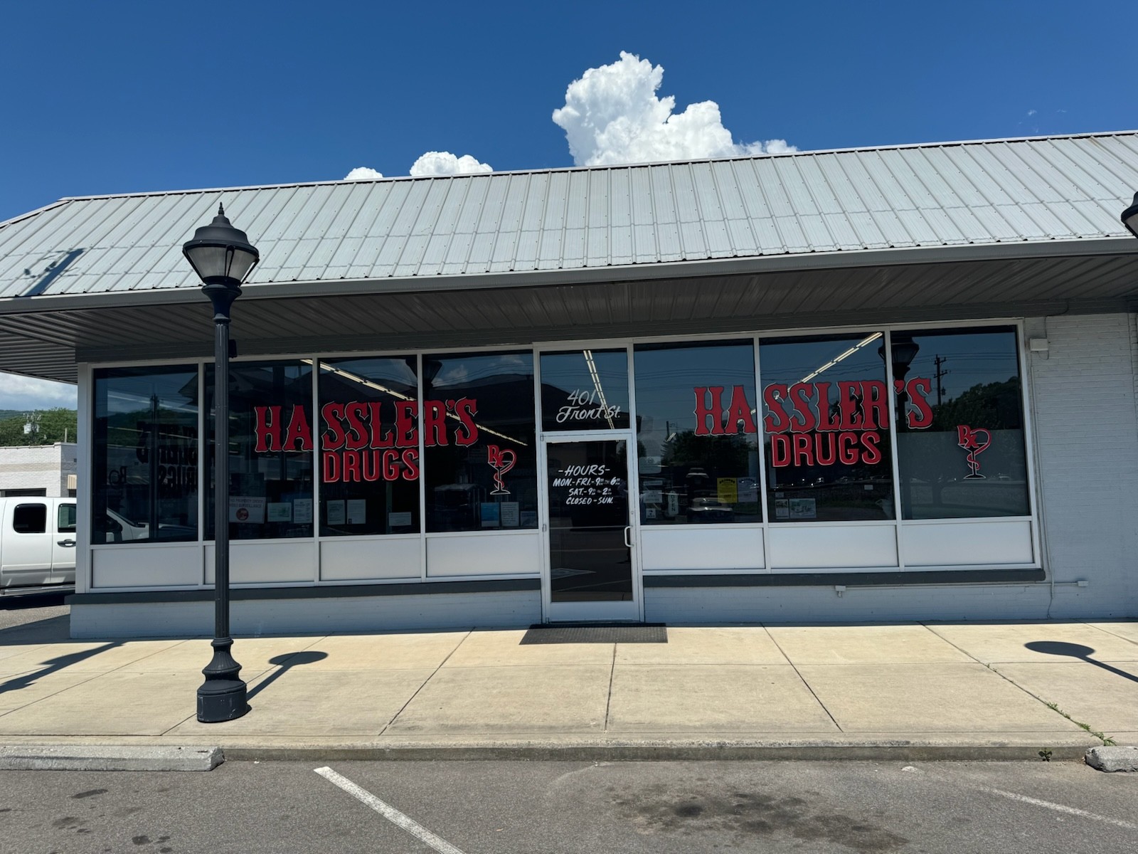 Hassler's Drugs storefront in Spring City